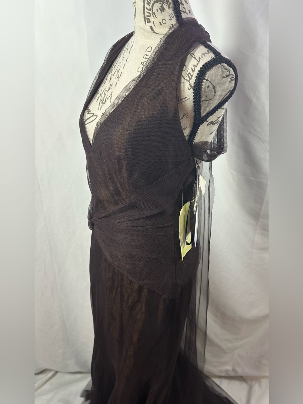 ⚫️🐞Vera Wang Chocolate Brown V-Neck Tulle Maxi Dress - Picture 4 of 16